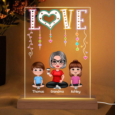 LOVE Doll Grandma Mom With Kids Sitting Personalized Rectangle Acrylic Plaque LED Night Light