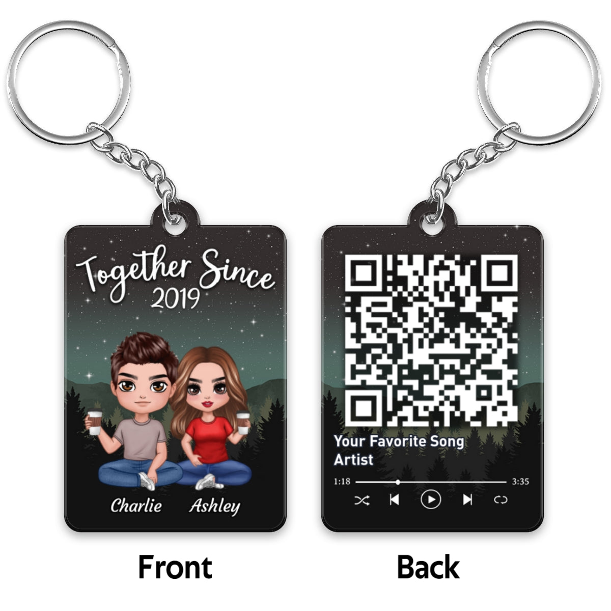 Galaxy Night Doll Couple Sitting Favorite Song Scannable QR Code Personalized Acrylic Keychain