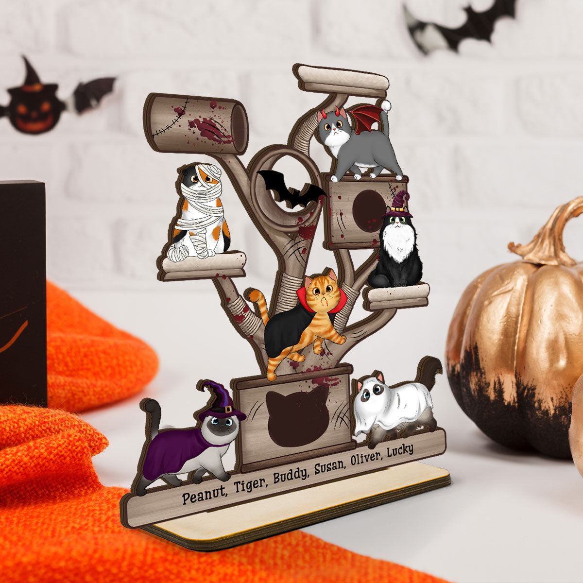 Halloween Cats Tower Personalized Wooden Standing Plaque, Halloween Decor