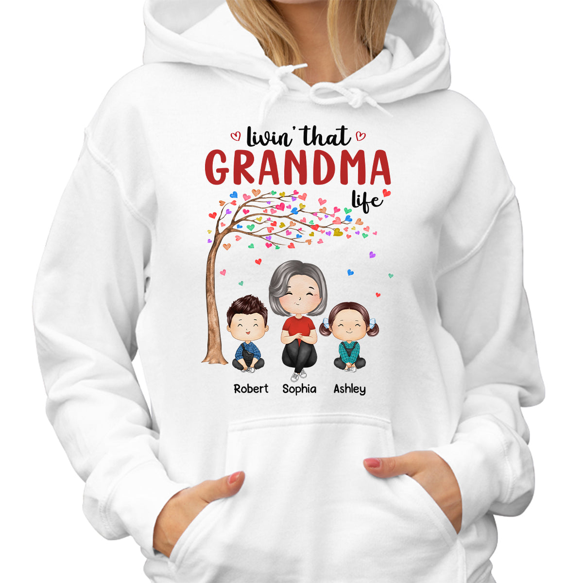 Doll Grandma And Grandkids Watercolor Style Sitting Under Heart Tree Personalized Shirt