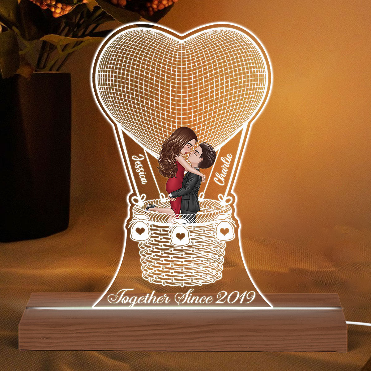 Couple Kissing In Hot Balloon Together Since Personalized Custom Shape Acrylic Plaque With LED Night Light