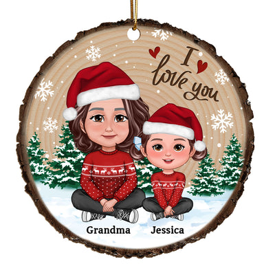 Grandma Mom Kids Sitting In Snow Wood Slice Personalized Wooden Ornament
