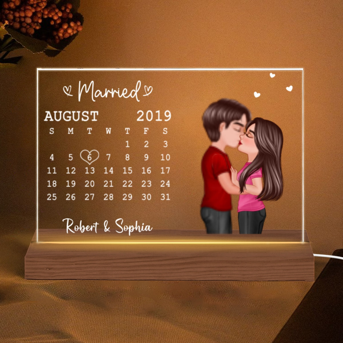 Doll Couple Kissing Anniversary Date Gift For Him For Her Personalized Custom Shape Acrylic Plaque LED Night Light