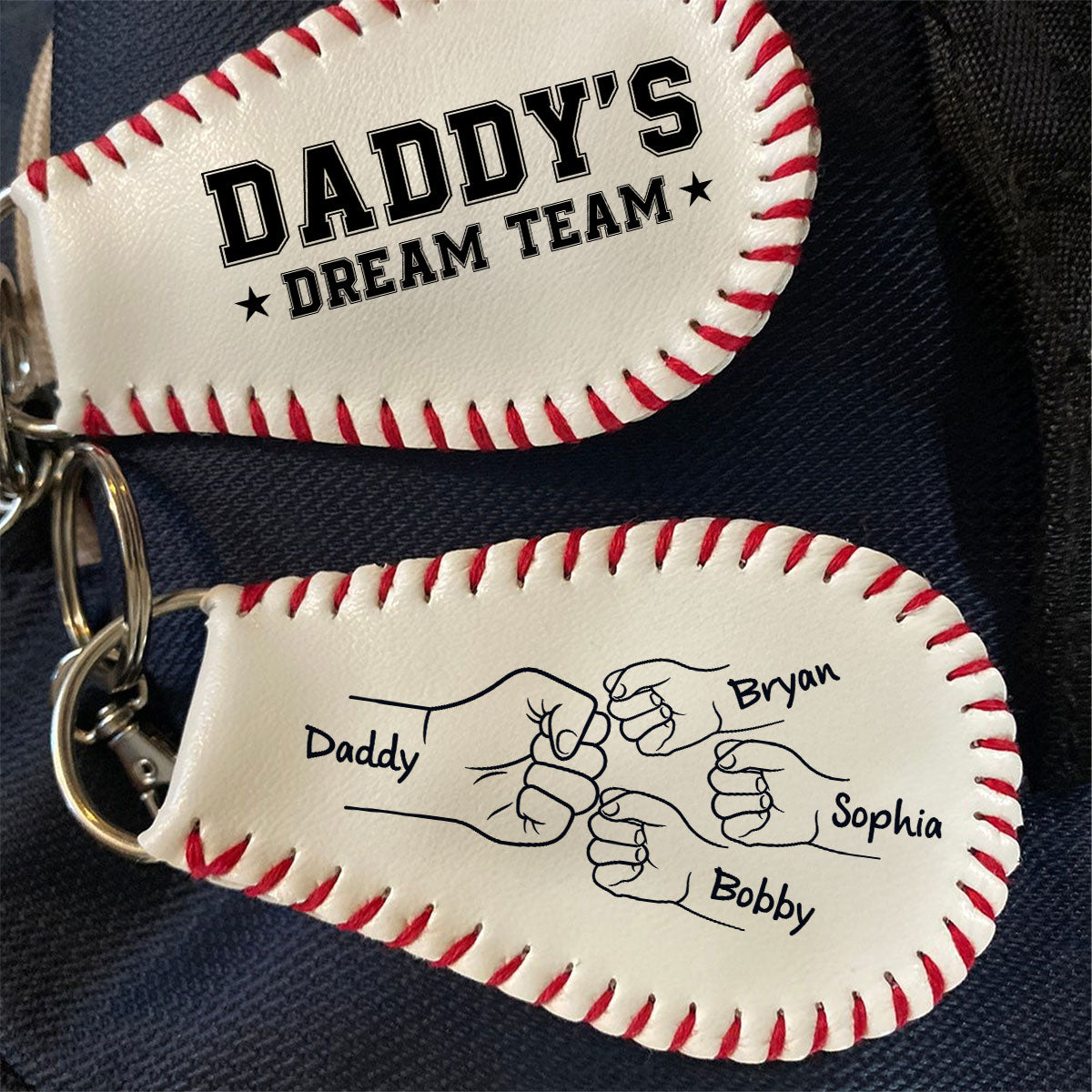 Baseball Family Team Daddy's Team Fist Bumps Personalized Baseball Leather Keychain
