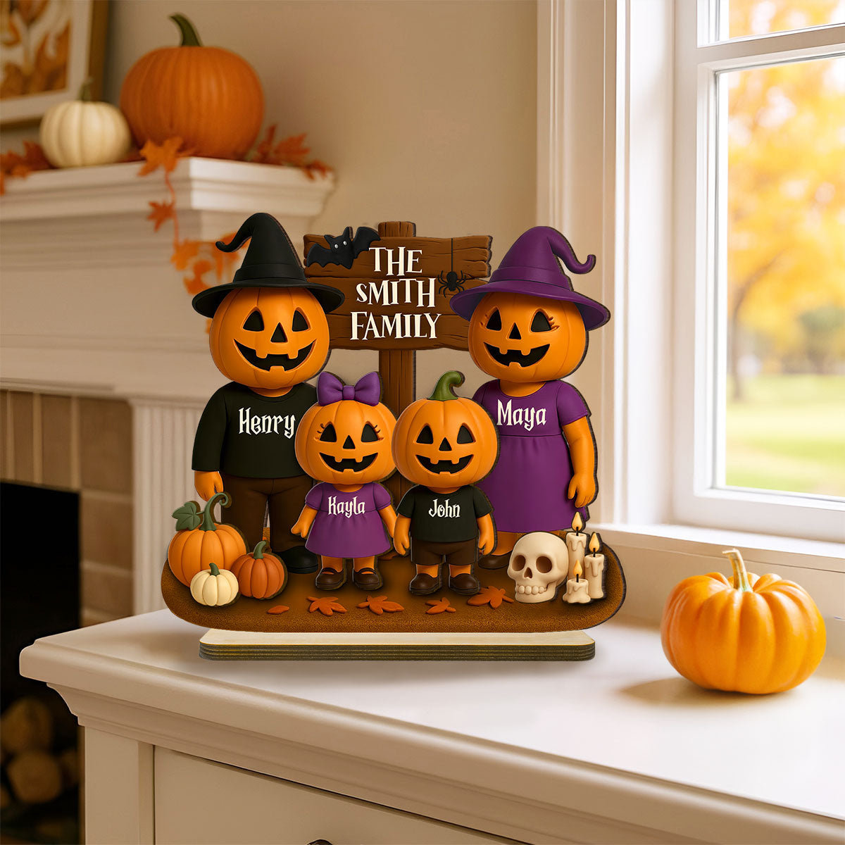 Jack O' Lantern Grandparents, Grandkids 3D Effect Personalized 2-Layered Standing Wooden Plaque, Halloween Decor