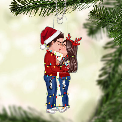 Christmas Couple Kissing With Light String Personalized Acrylic Ornament