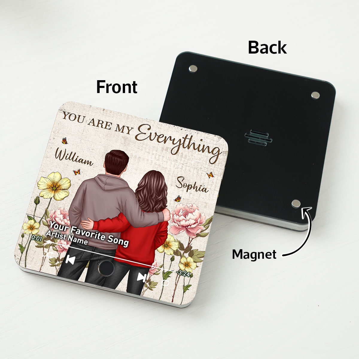 Couple Birth Month Flower Favorite Song Personalized Music Fridge Magnet, Heartfelt Gift For Couple, For Him, For Her, Boyfriend, Girlfriend, Husband, Wife