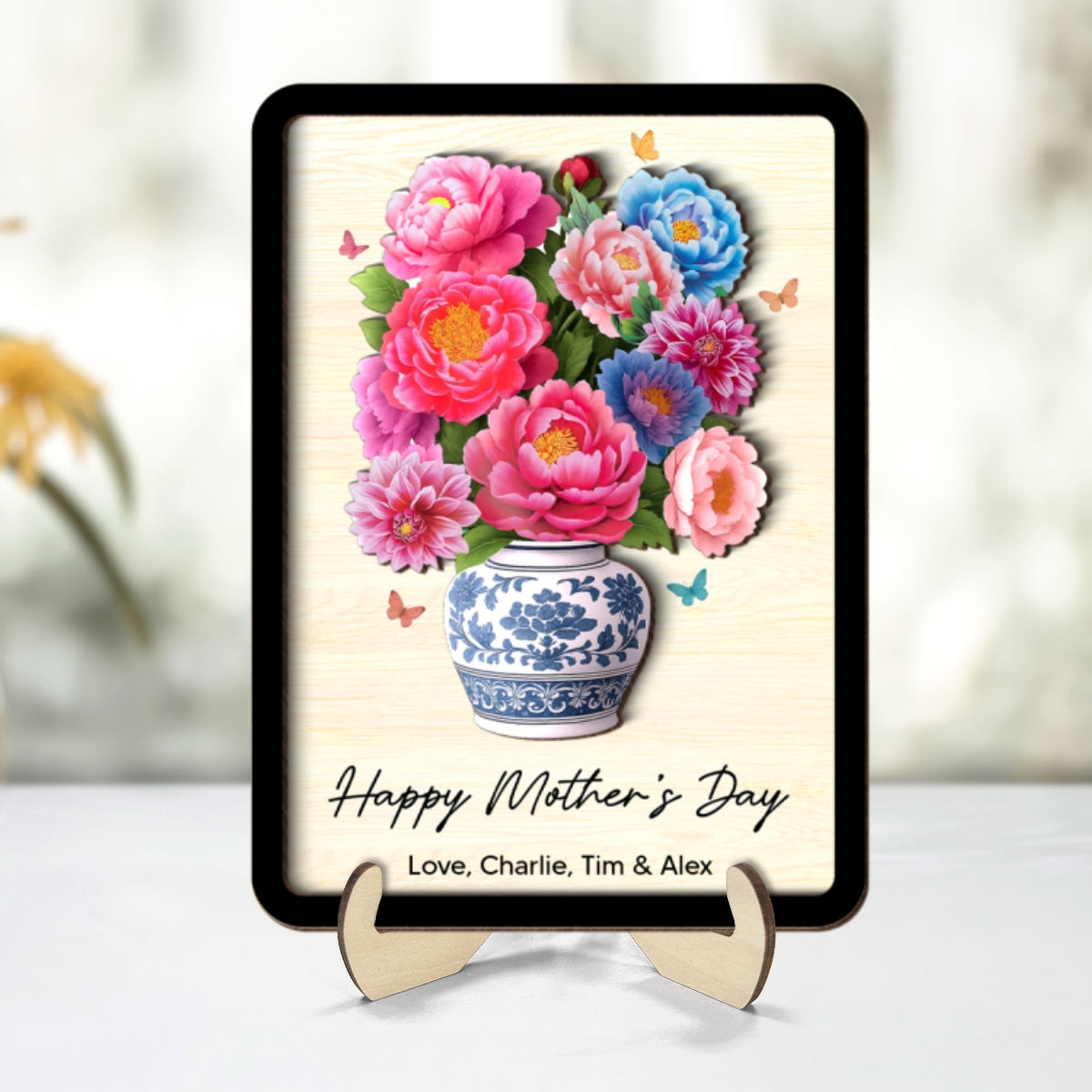 Flower Bouquet Personalized 2-Layer Wooden Plaque, Heartfelt 2025 Gift For Mom, For Grandma, For Wife