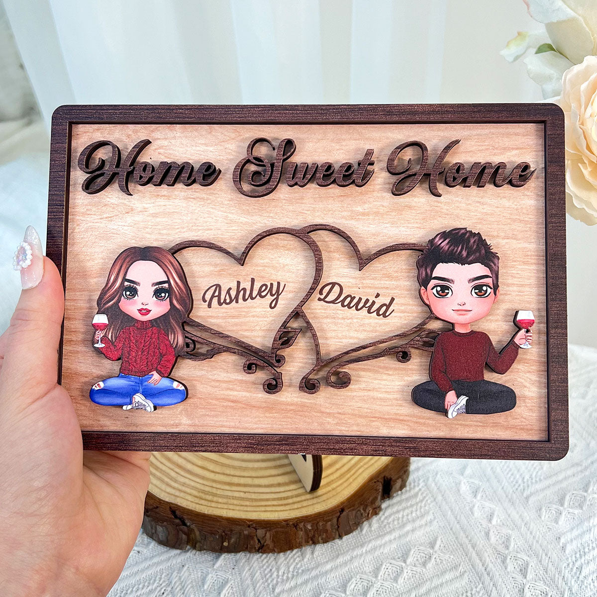 Doll Couple Sitting Home Sweet Home Valentine‘s Day Gift Personalized 2-Layer Wooden Plaque