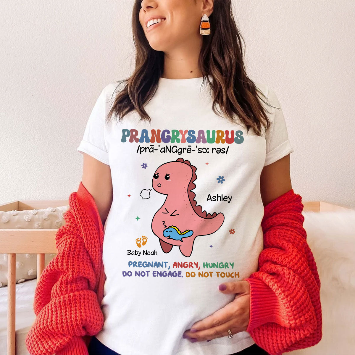 Prangrysaurus Retro Style Personalized Shirt, Custom Pregnancy Reveal Shirt, Gift For Expecting Moms