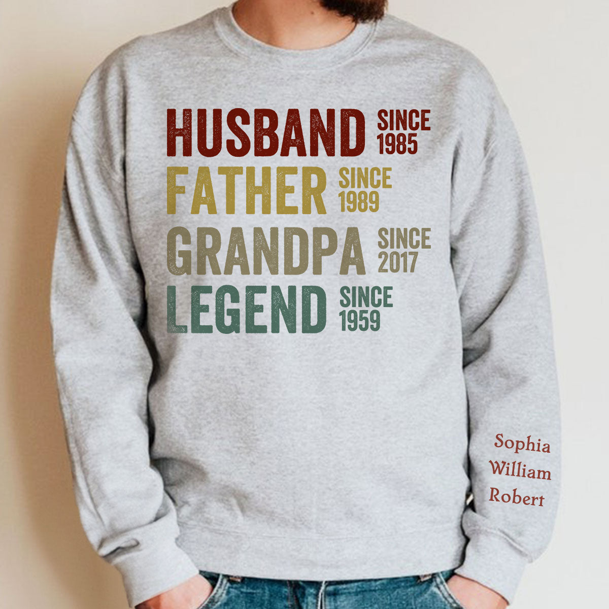 Husband Father Grandpa Legend, Grandfather Custom Dates, Funny Gift For Men Personalized Sleeve Printed Sweatshirt