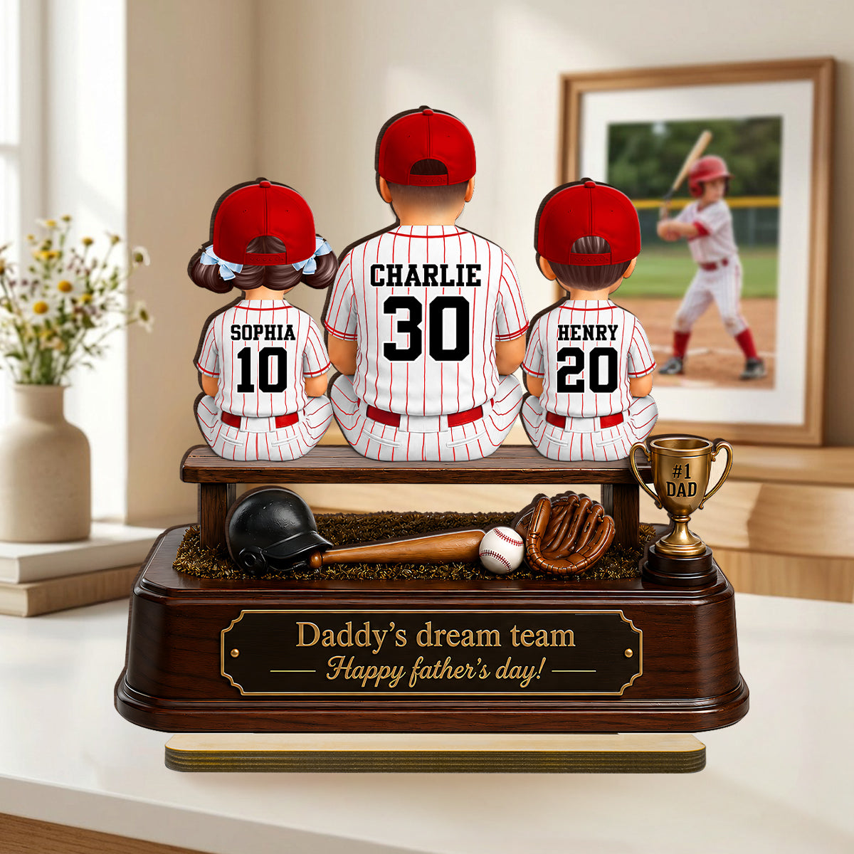 Baseball Daddy's Dream Team - Personalized 2-Layered Wooden Plaque - Father's Day Gift for Dad, Husband