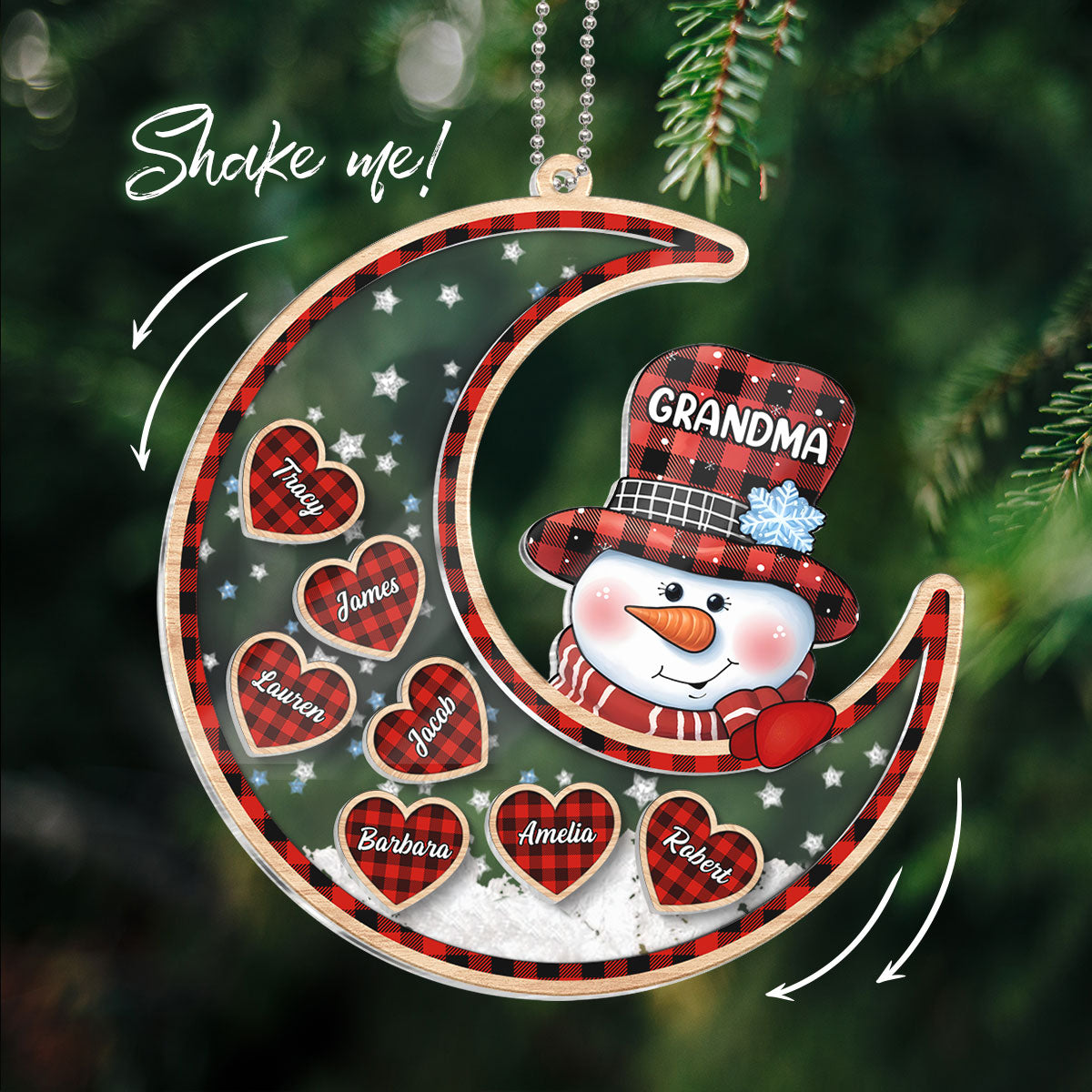 Grandma Snowman On Moon Personalized Shaker Ornament, Christmas Gift For Grandma & Grandchildren