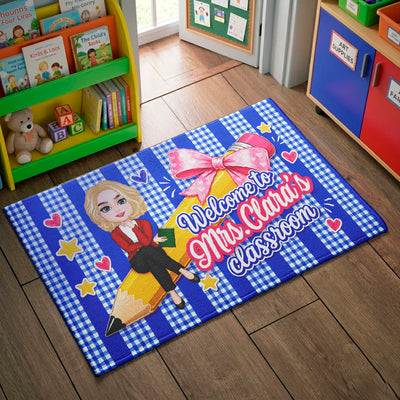 Welcome to Teacher's Classroom Pencil Bow - Personalized Doormat - Back to School Decor for Teacher