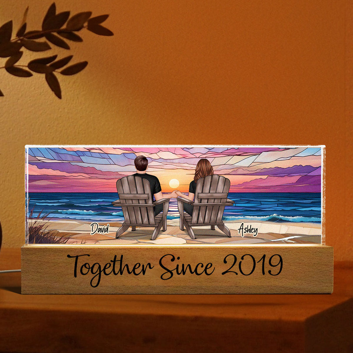 Couple Sitting At Beach Landscape Stained Glass Personalized Acrylic Block LED Night Light