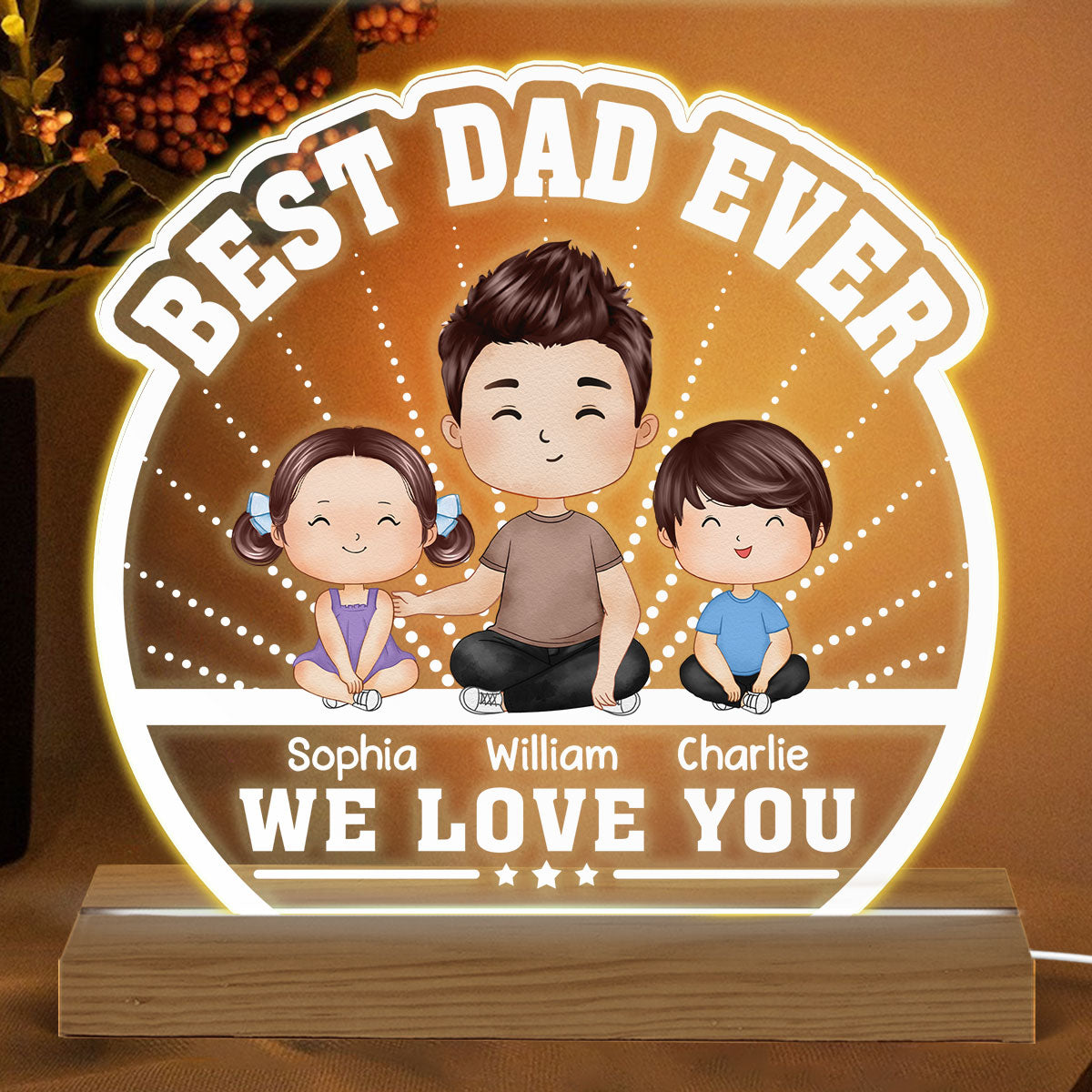 Best Dad Ever Watercolor Dad & Kids Sitting Personalized Custom Shaped Acrylic Plaque With Warm LED Night Light