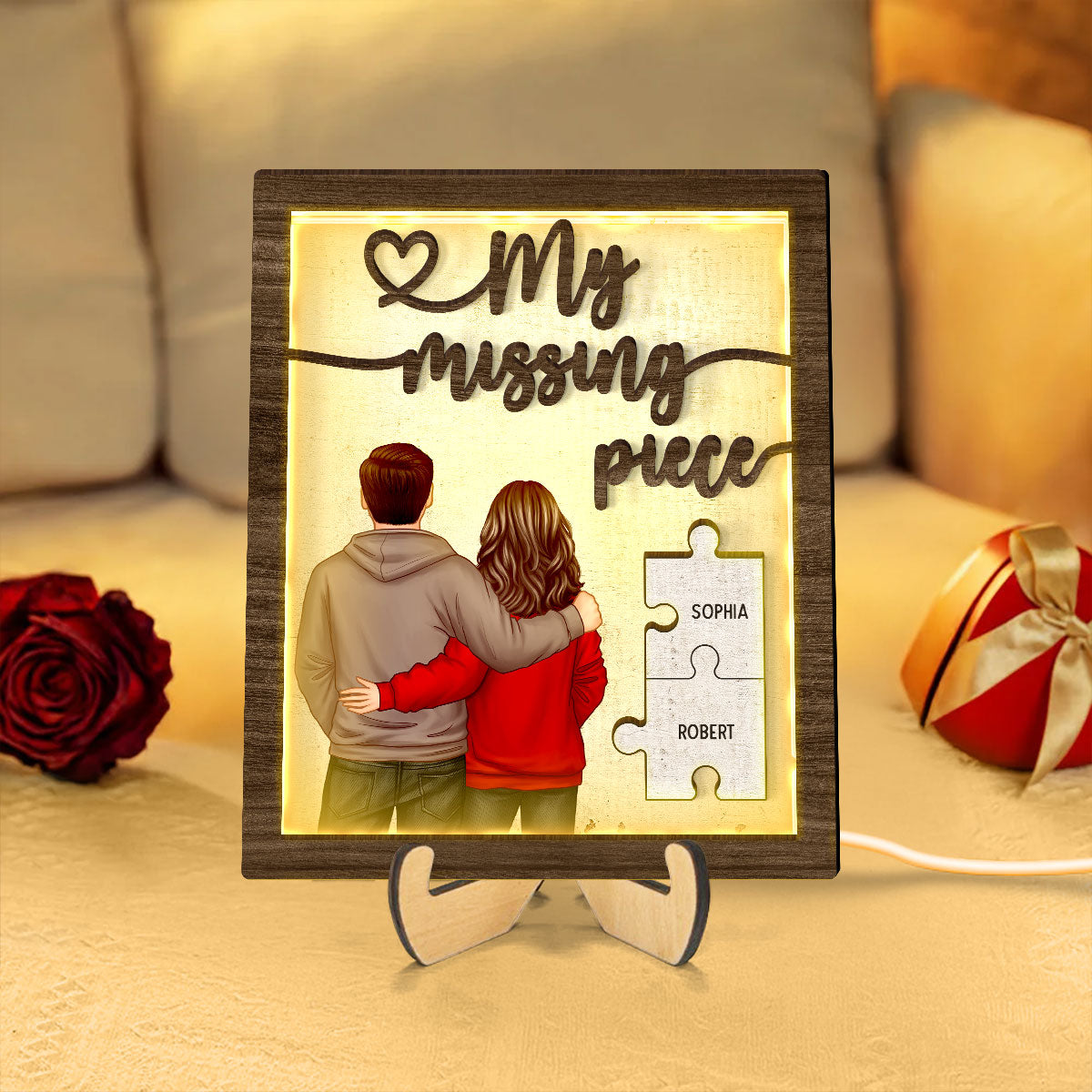 My Missing Piece Back View Couple Personalized 2-Layered Wooden Plaque with LED, Heartfelt Birthday, Anniversary Gift for him, for her
