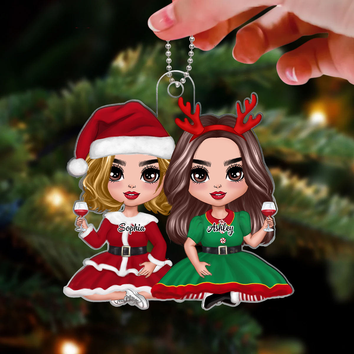 Christmas Doll Best Friends Sisters Sitting Personalized Acrylic Ornament