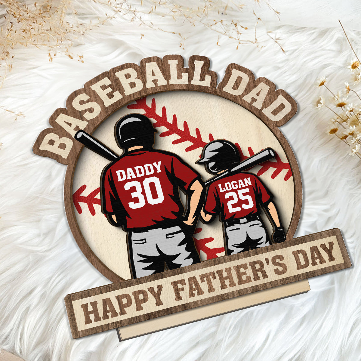 Baseball Family Back View Personalized 2-Layered Standing Wooden Plaque, Father's Day gift for Dad, for Husband