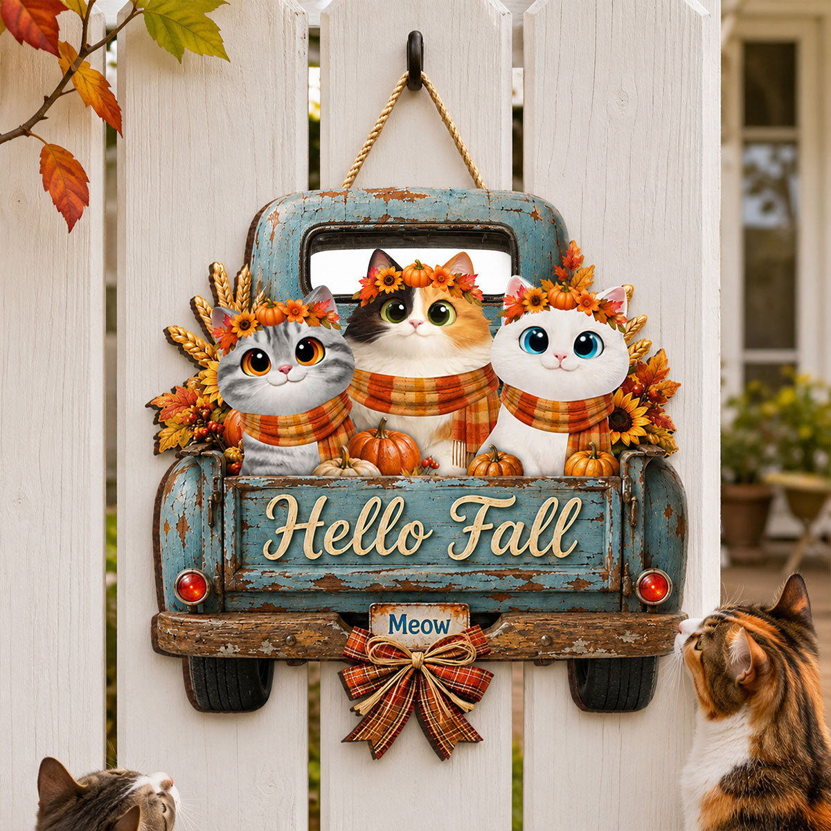 Hello Fall Pumpkin Cats - Personalized Door Hanger Sign - Cozy Fall Decor for Cat Lovers