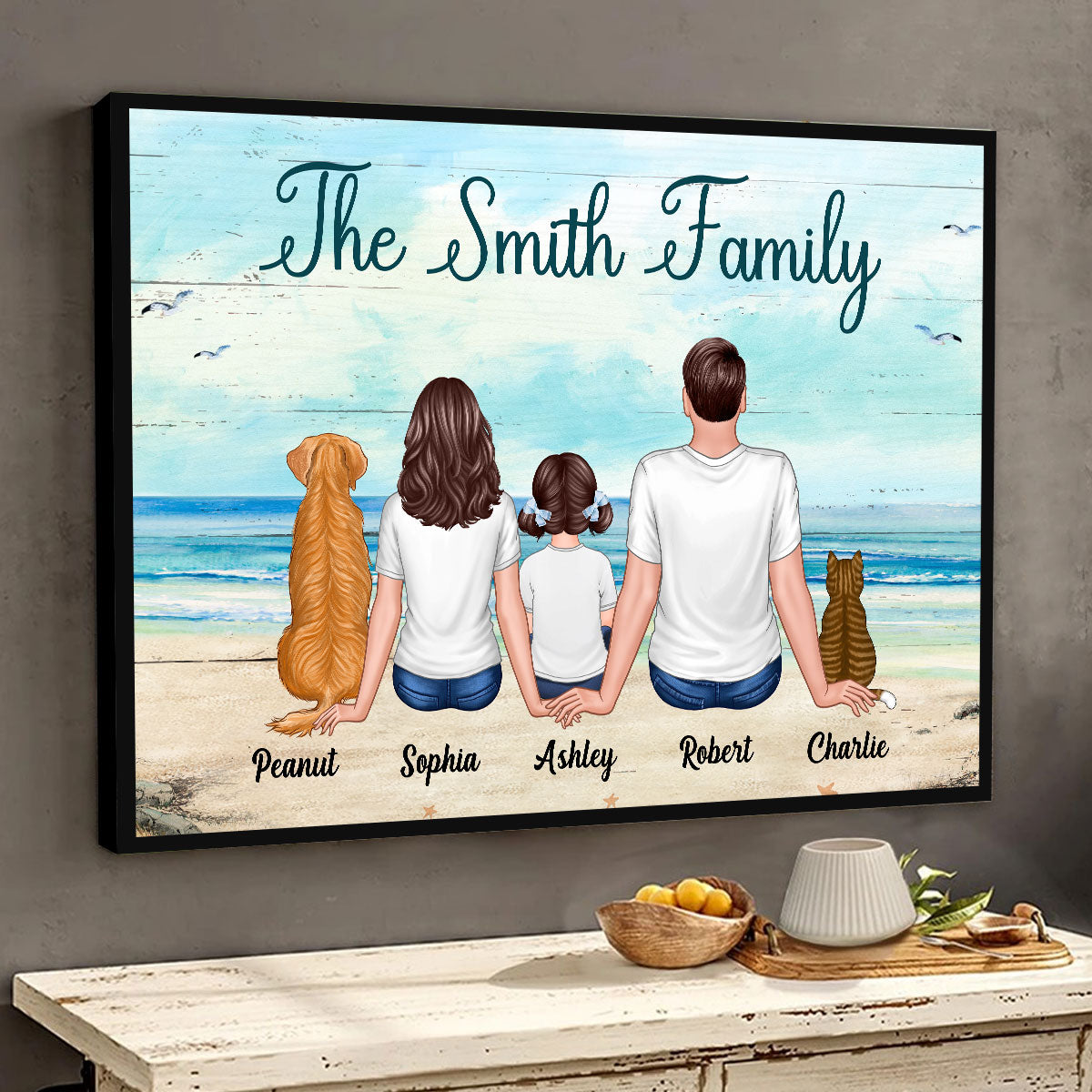 Whole Family Dad Mom Kids Dogs Cats Sitting Beach Landscape Personalized Horizontal Poster
