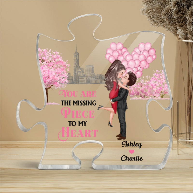 Skyline Pink Tree Heart Balloon Kissing Hugging Couple Personalized Acrylic Puzzle Plaque