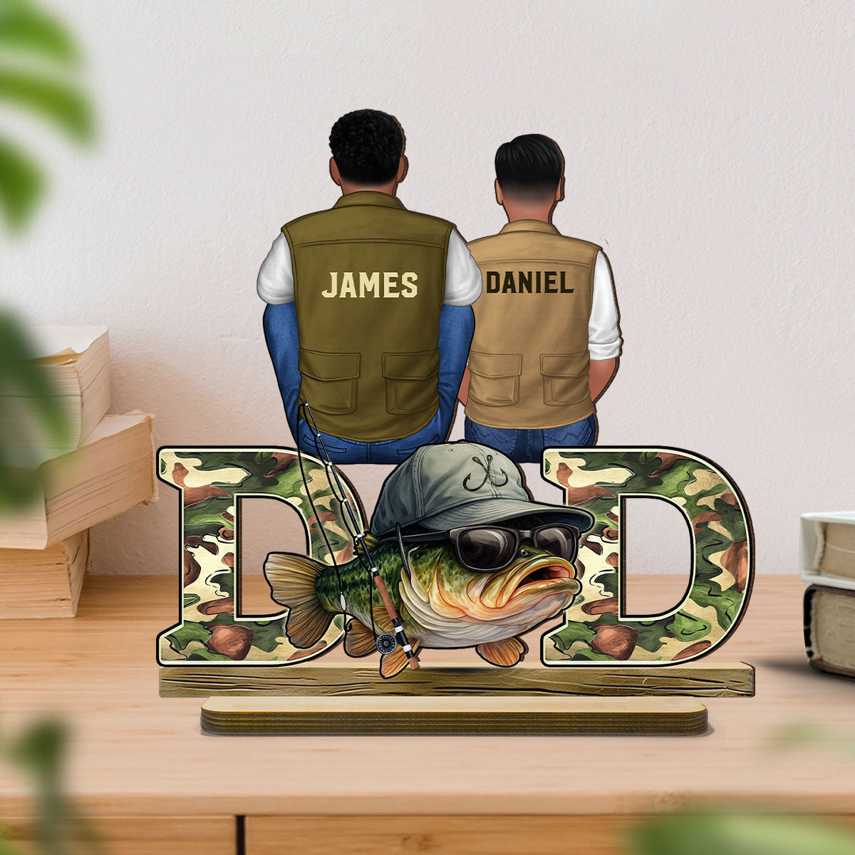 Fishing Dad And Kids Personalized 2-Layer Standing Wooden Plaque, Father’s Day gift for Dad, for Husband