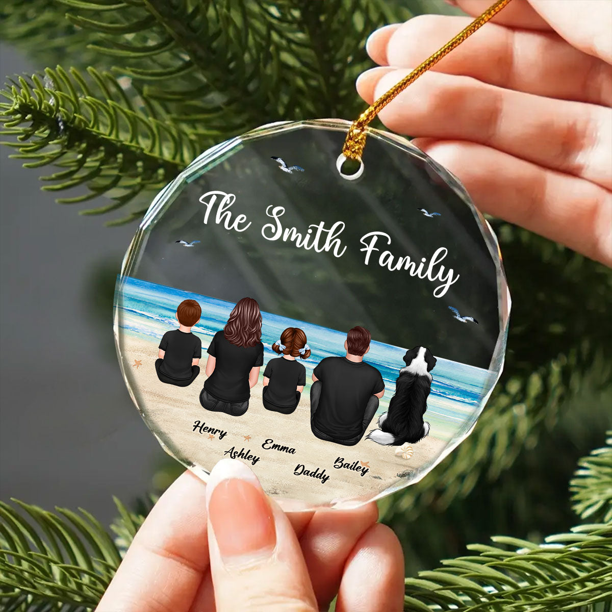Family Sitting Back View Retro Vintage Beach Landscape Personalized Circle Glass Ornament