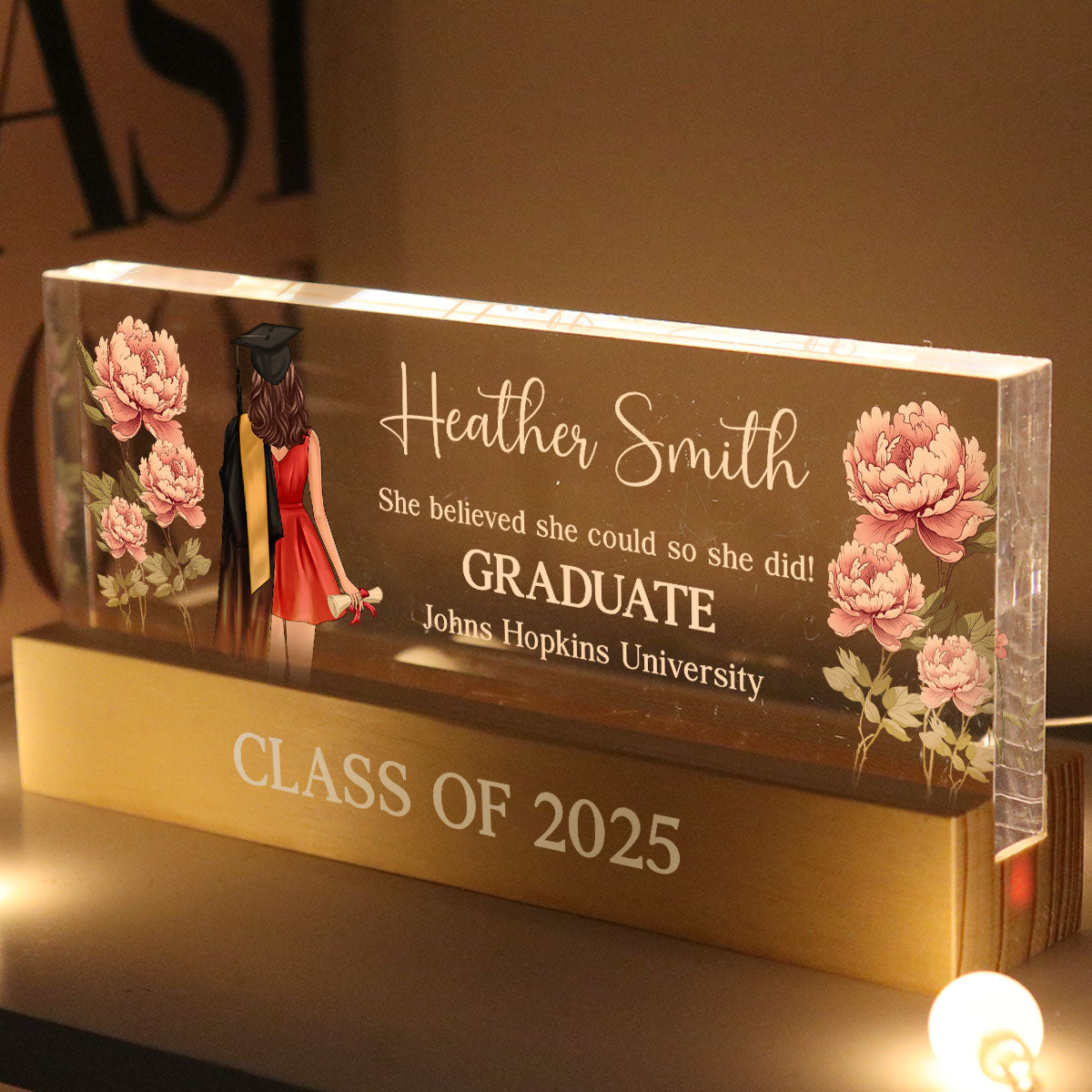 Graduation Senior Birth Month Flowers Personalized Rectangle Acrylic Block LED Night Light, Graduation Gift