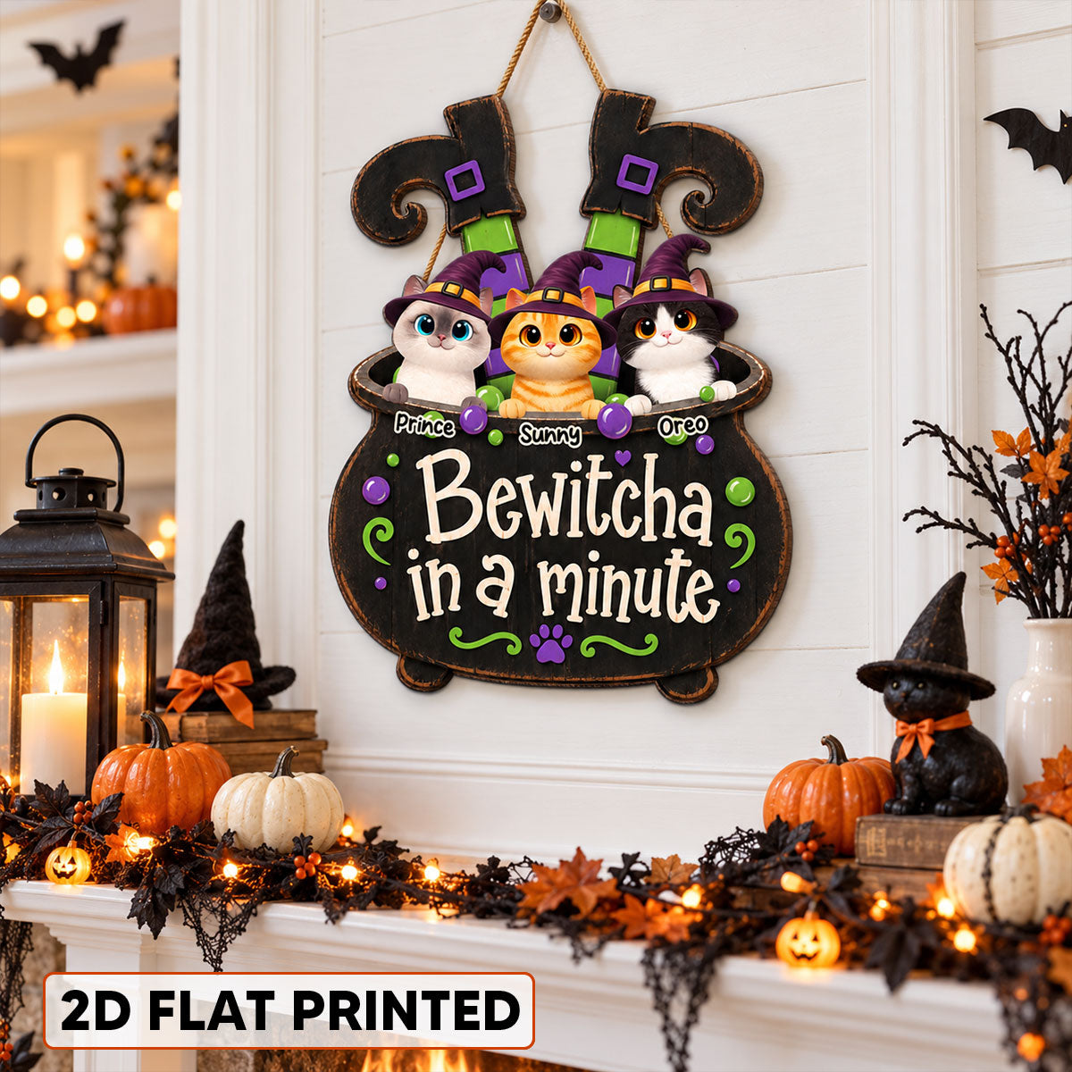 Halloween Witch Cauldron Cute Cats Bewitcha In A Minute - Personalized Wood Sign - Halloween Decor For Cat Lovers