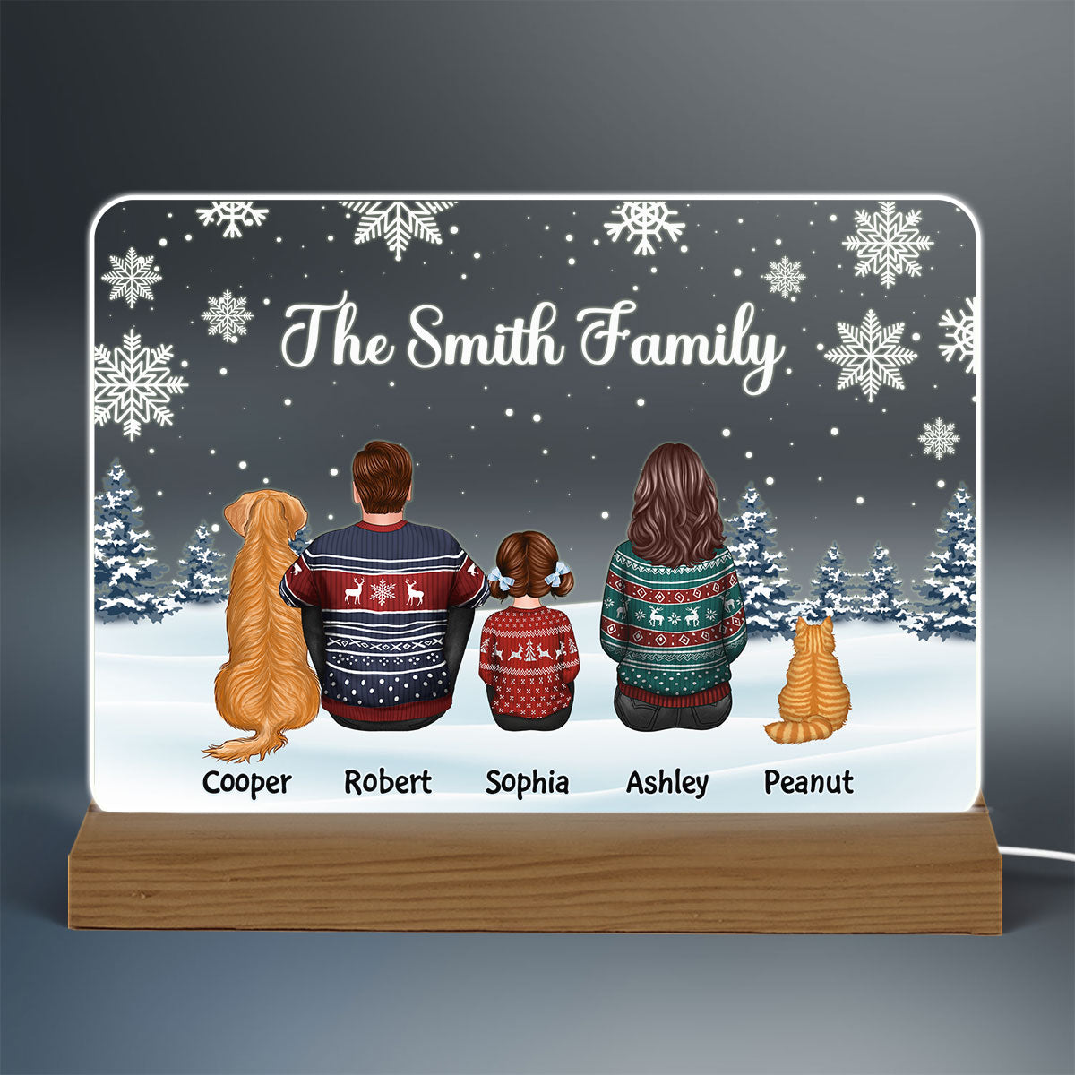 Family Dad Mom Kids Dogs Cats Snow Background Christmas Personalized Custom Shape Acrylic Plaque Warm LED Night Light