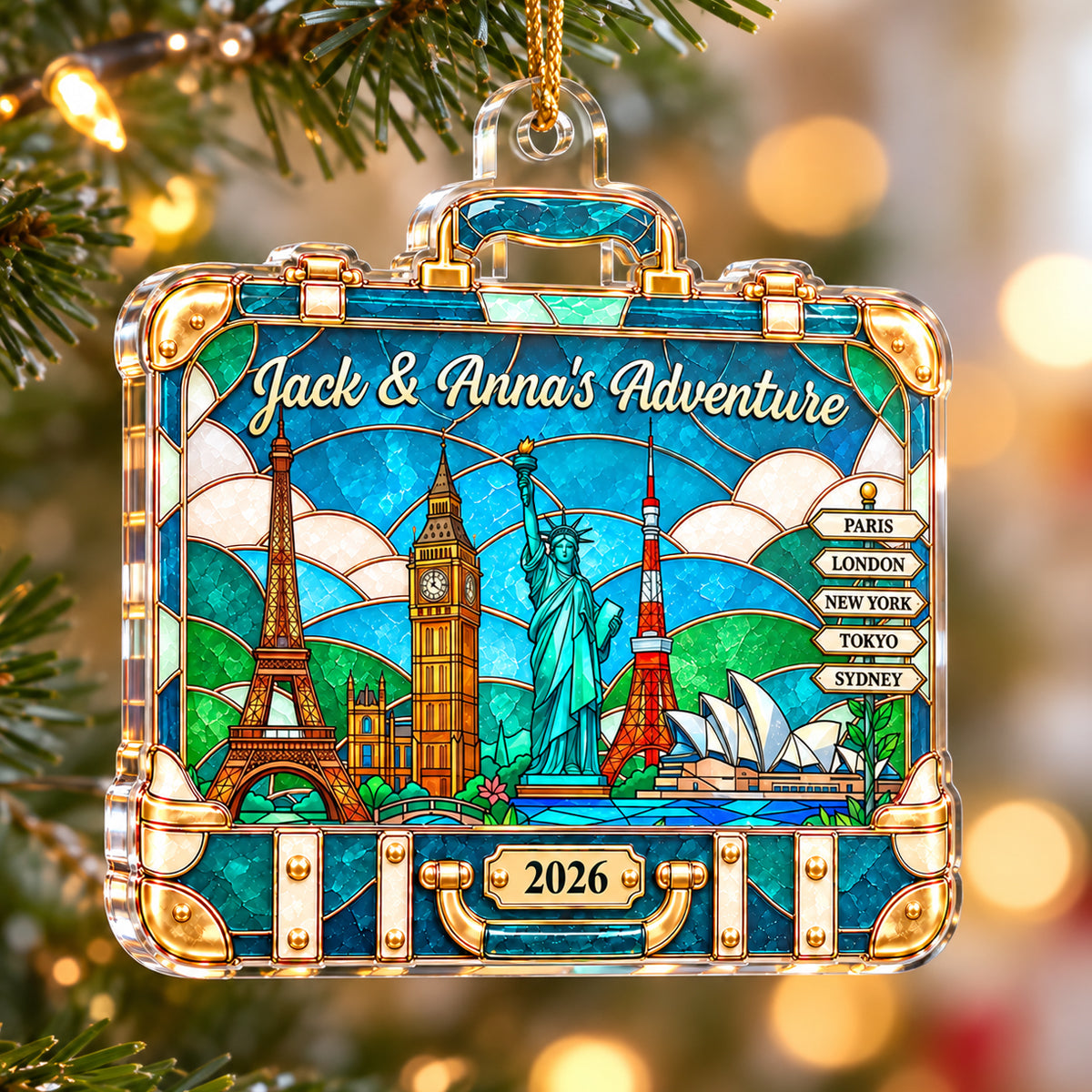 Custom Travel Adventure Suitcase Colorful Faceted Illustration 2D Flat Printed - Personalized Acrylic Ornament - Traveling Destination Keepsake, Christmas Gift For Traveling Lovers