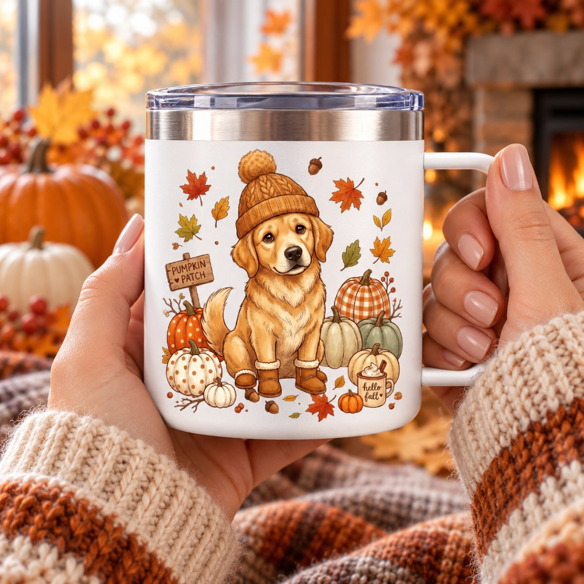 Custom Dog Photo Pumpkin Patch - Personalized Stainless Steel Tumbler With Handle - Fall Gift for Dog Moms, Cat Moms, Pet Lovers