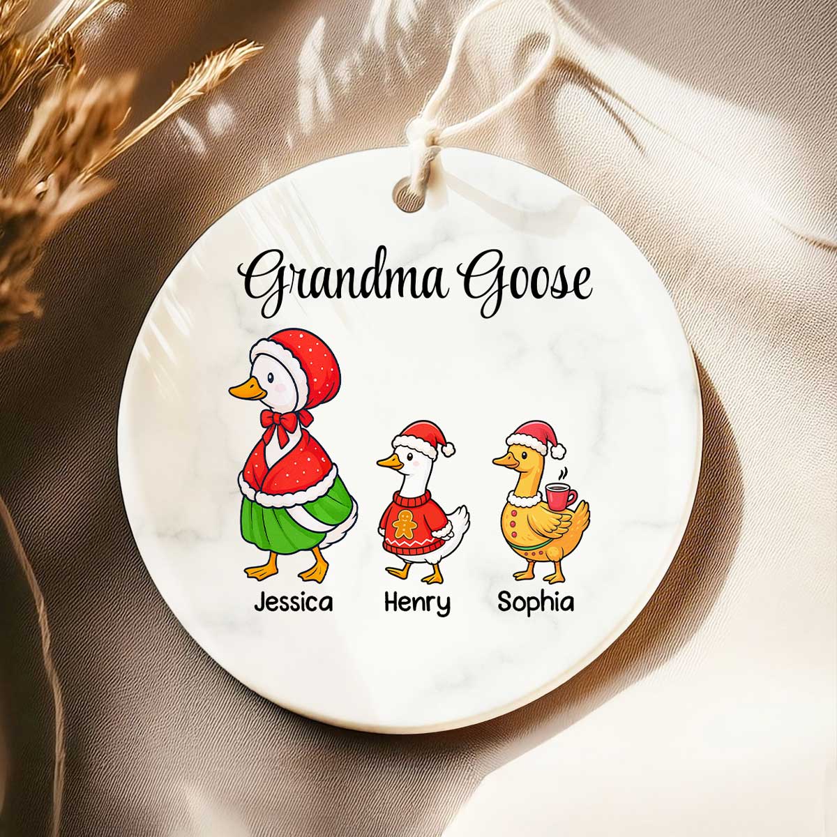 Cute Grandma Goose And Kids Personalized Circle Ceramic Ornament