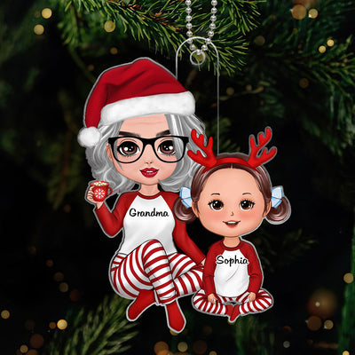 Christmas Pajamas Doll Grandma & Grandkid Sitting Gift For Granddaughter Grandson Personalized Acrylic Ornament