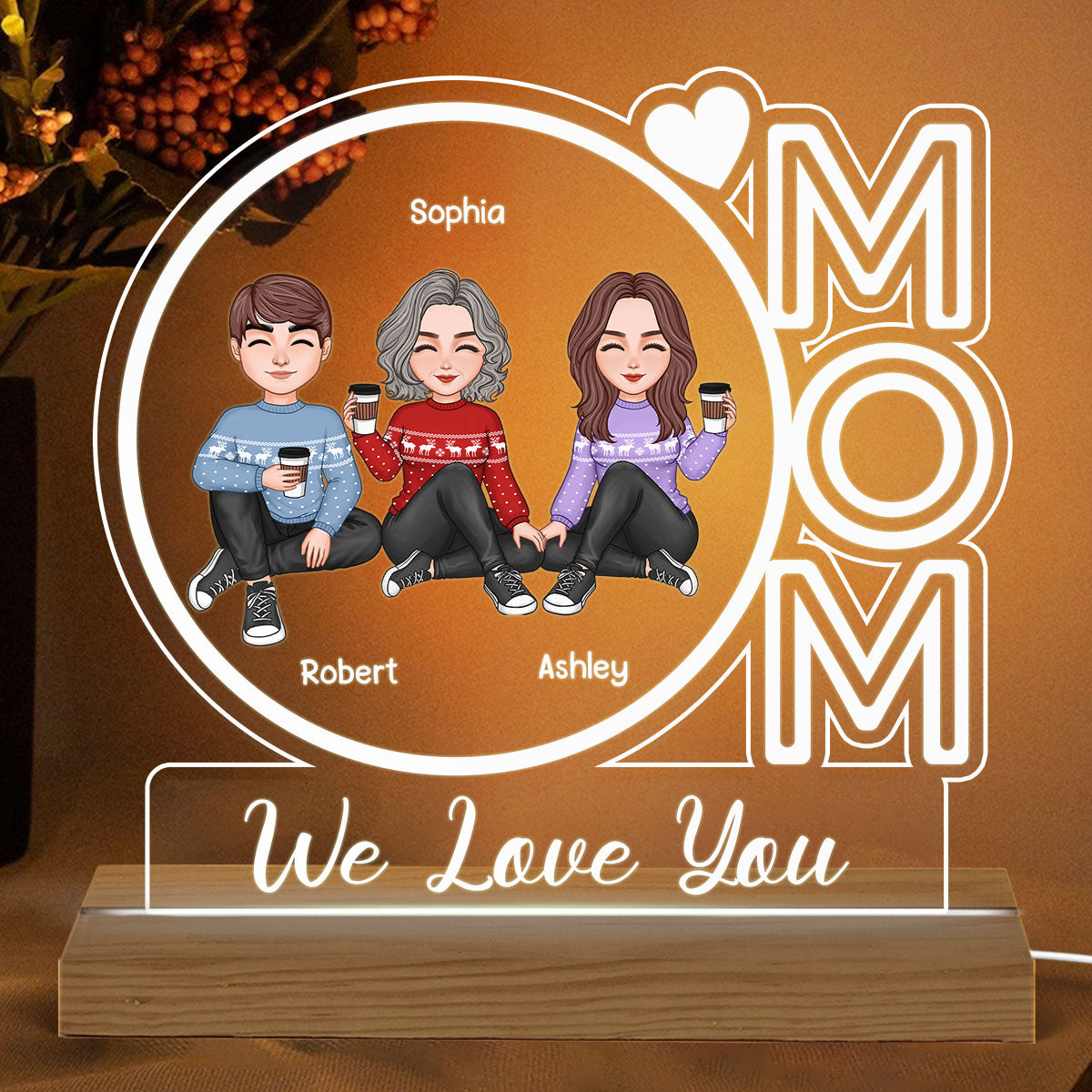 Mom We Love You Cute Doll Mother Daughter Son Personalized Custom Shaped Acrylic Plaque With LED Night Light