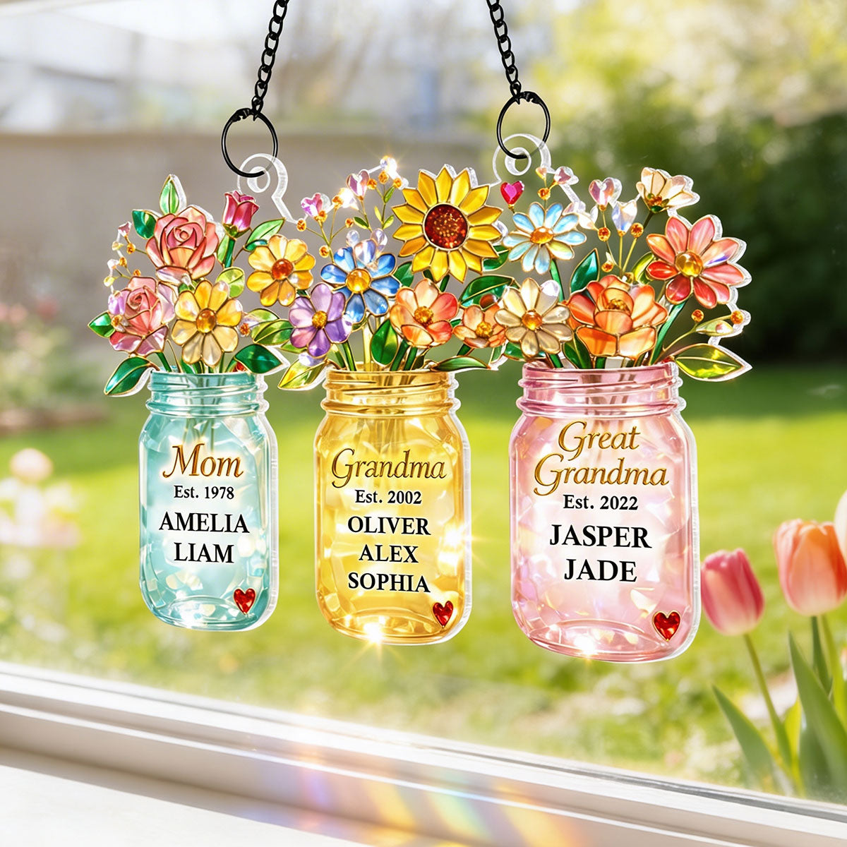 Mom Grandma Greatgrandma Flower - Personalized Acrylic Window Hanging - Heartfelt Gift for Mom, Grandma