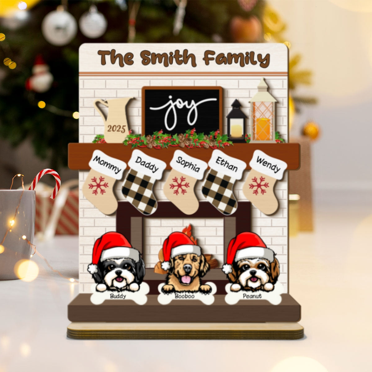 Family With Dog Cat Stockings Fireplace Personalized 2-Layer Standing Wooden Plaque, Christmas Mantle Table Topper