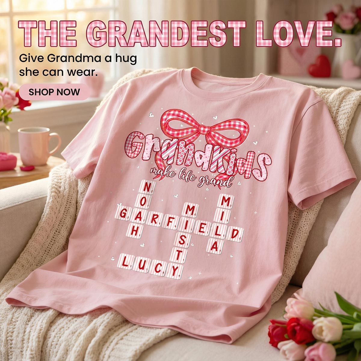 Grandkids Make Life Grand Preppy Valentine Pattern Crossword Puzzle Art - Personalized Shirt - Valentine's Day Gift For Grandma