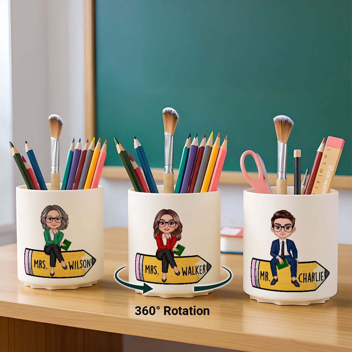 Teacher Sitting On Pencil Personalized Rotating Pen Holder, Back To School Gift, Teacher Appreciation Gift