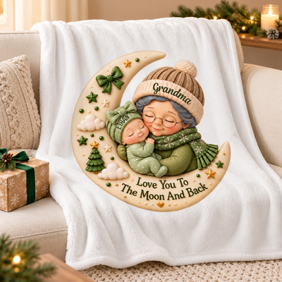 First Christmas as Grandma Love to the Moon and Back - Personalized Fleece Blanket - Christmas Gift for Grandma