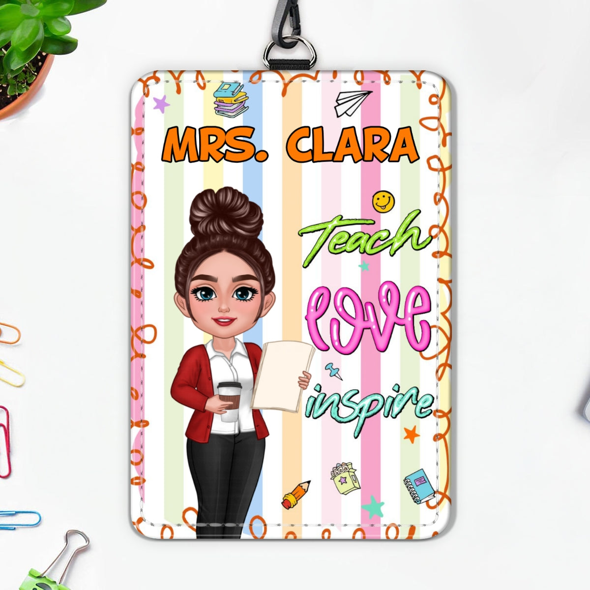 Teach Love Inspire Preppy School Teacher Personalized ID Badge Holder, Back To School Gift For Teacher