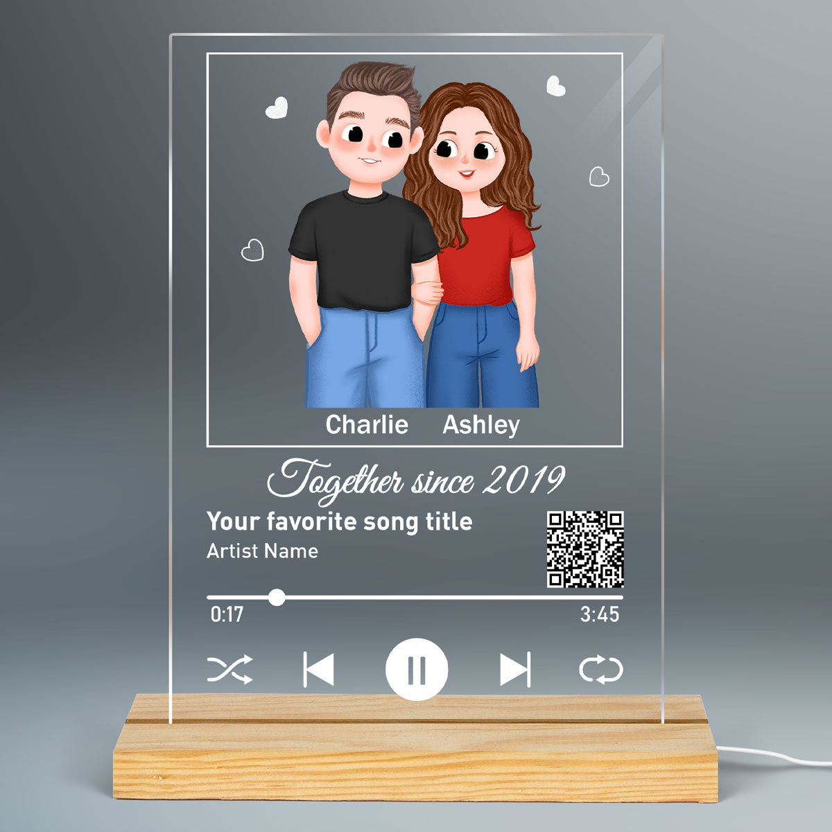 Cute Illustration Couple Favorite Song Scannable QR Code Personalized Rectangle Acrylic Plaque LED Night Light