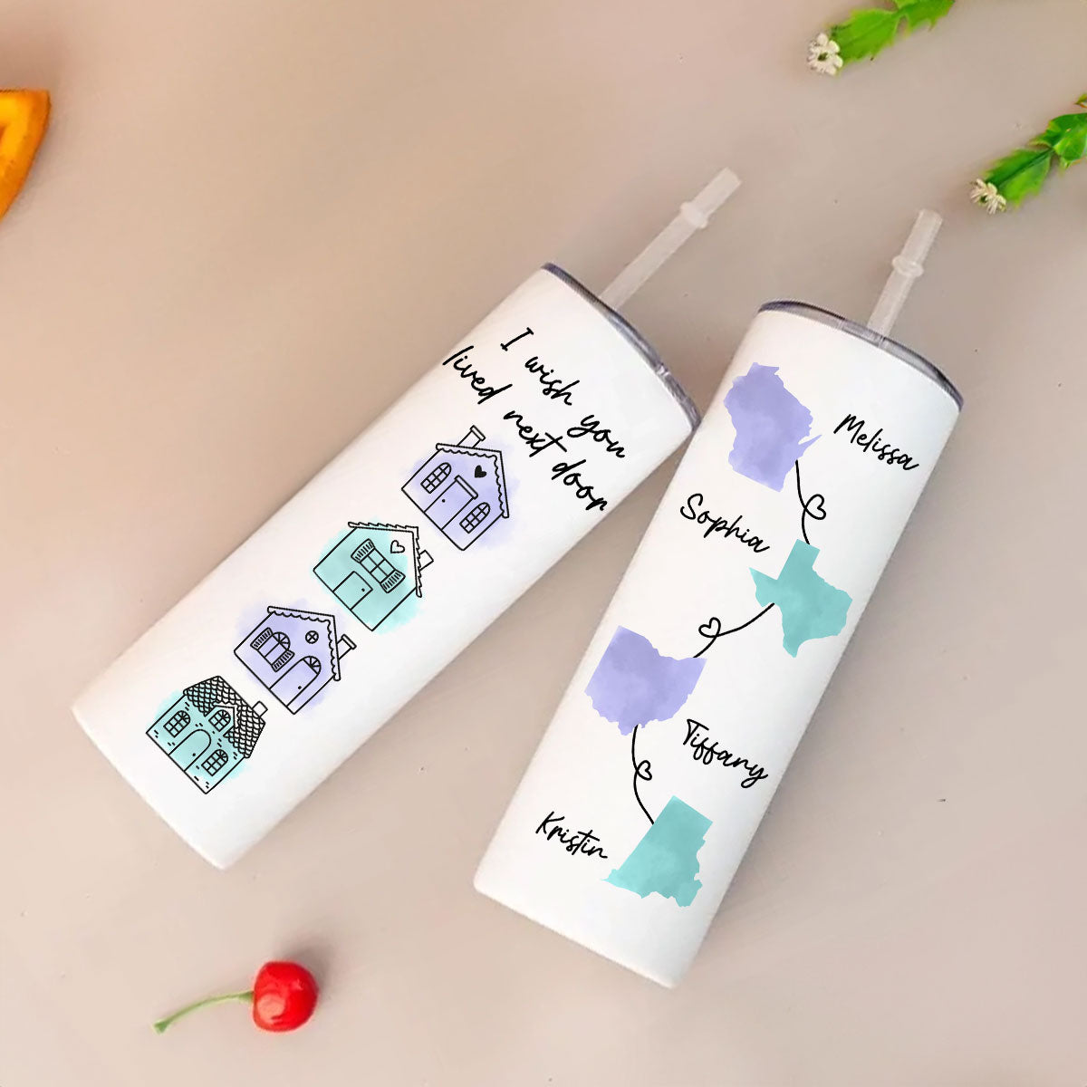 Family Besties Sisters Long Distance Watercolor State Map Personalized Skinny Tumbler