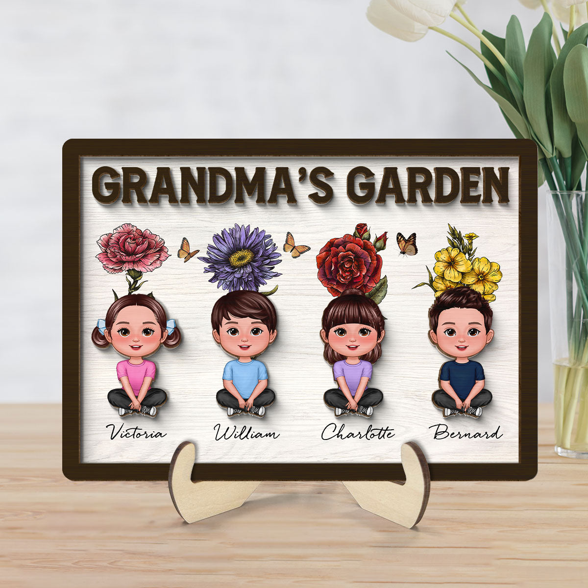 Grandma‘s Garden Grandkids With Birth Flower Behind Personalized 2-Layer Wooden Plaque