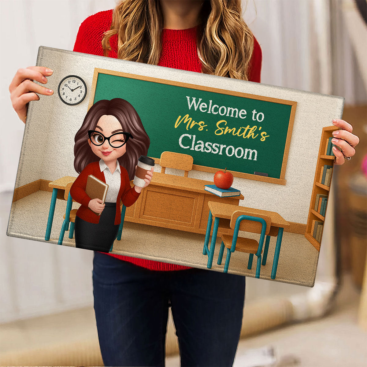 Pretty Teacher In Classroom 3D Effect Background Personalized Doormat, Back To School Decoration