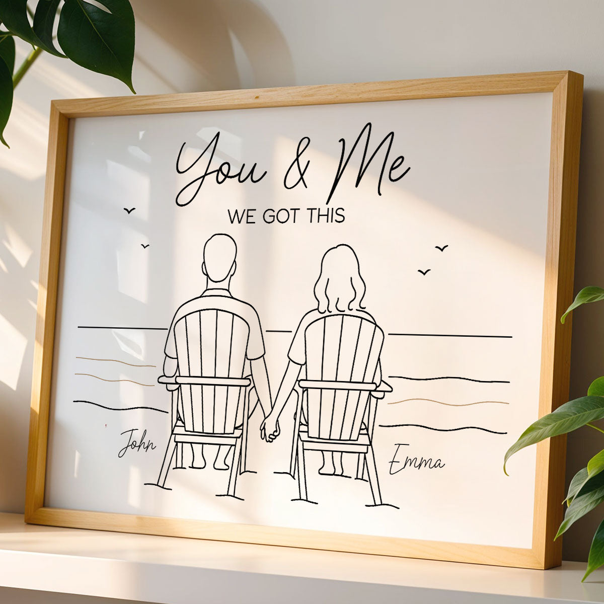 Eternal Love Couple Beach Landscape Line Art Style - Personalized Poster