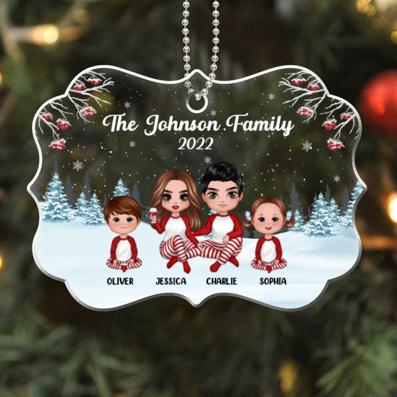Pajamas Doll Family Sitting In Snow Personalized Acrylic Ornament