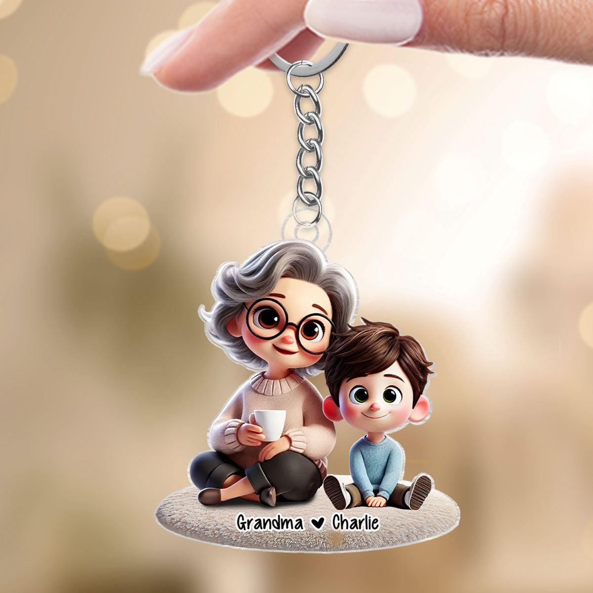 Happy Grandma & Grandkid Sitting Personalized Acrylic Keychain, Perfect 2025 Gift For Mom, For Grandma