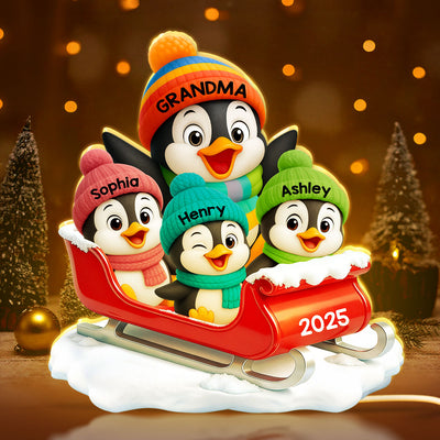 3D Effect Cute Grandma Grandkids Penguin On Sleigh - Personalized Light Box